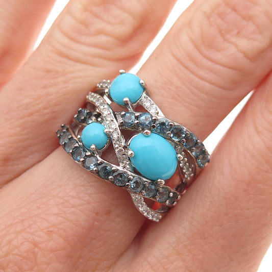 925 Sterling Silver Real Turquoise London Blue & White Topaz Ring Size 8.25