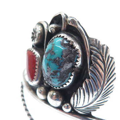 MELISSA YAZZIE Old Pawn 925 Sterling Turquoise & Coral Adjustable Bracelet 6.75"