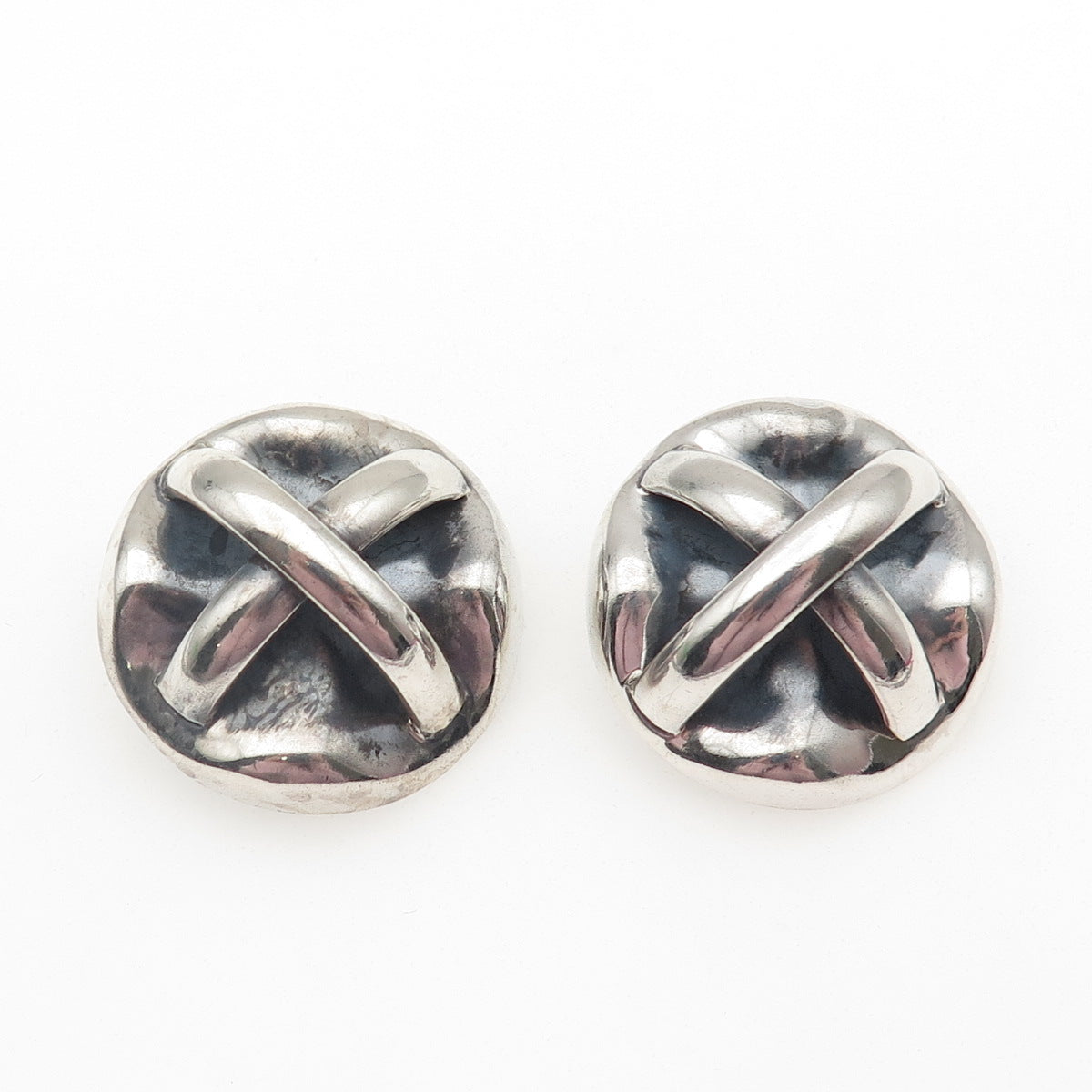 925 Sterling Vintage Mexico Modernist Crisscross Oxidized Clip On Earrings