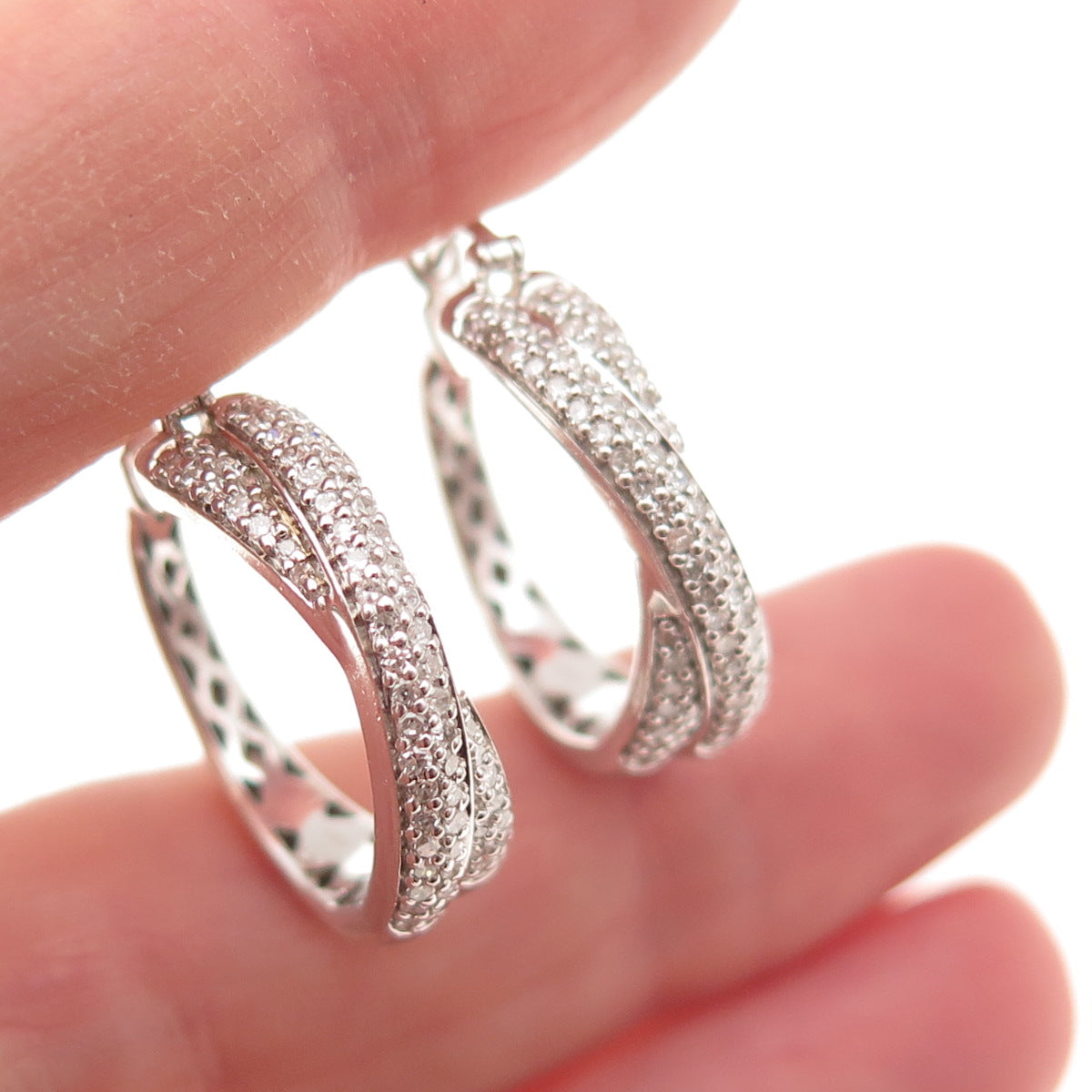 Platinaire 925 Sterling Silver Real Round-Cut Diamond Crisscross Hoop Earrings
