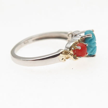 Chuck Clemency 925 Sterling Silver 2-Tone Real Turquoise & Coral Ring Size 8