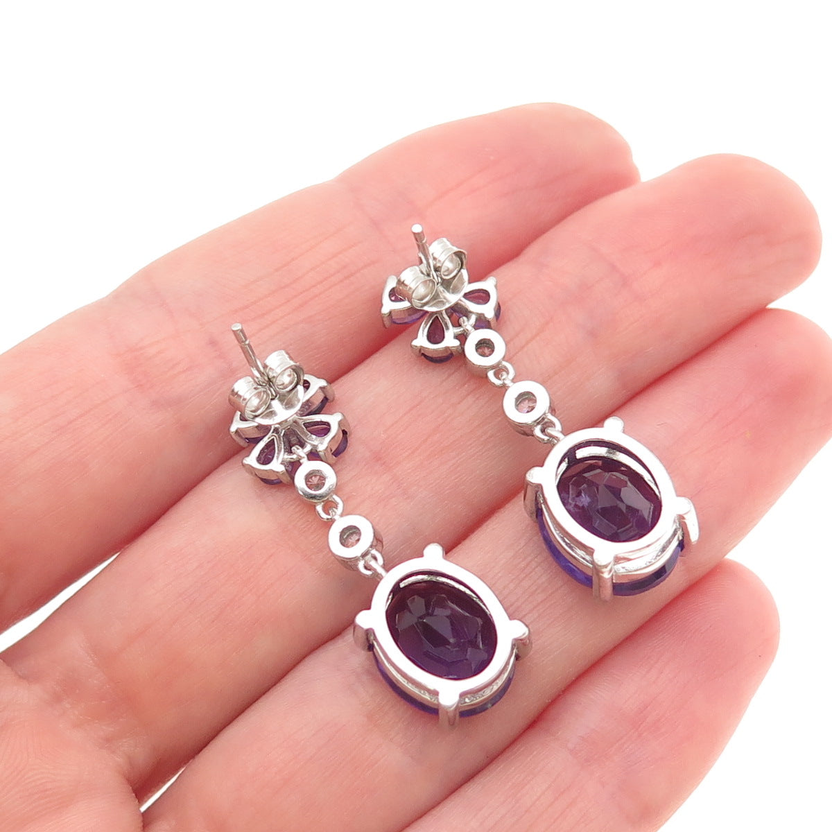 925 Sterling Silver Vintage Real Amethyst & C Z Dangle Earrings