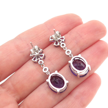 925 Sterling Silver Vintage Real Amethyst & C Z Dangle Earrings