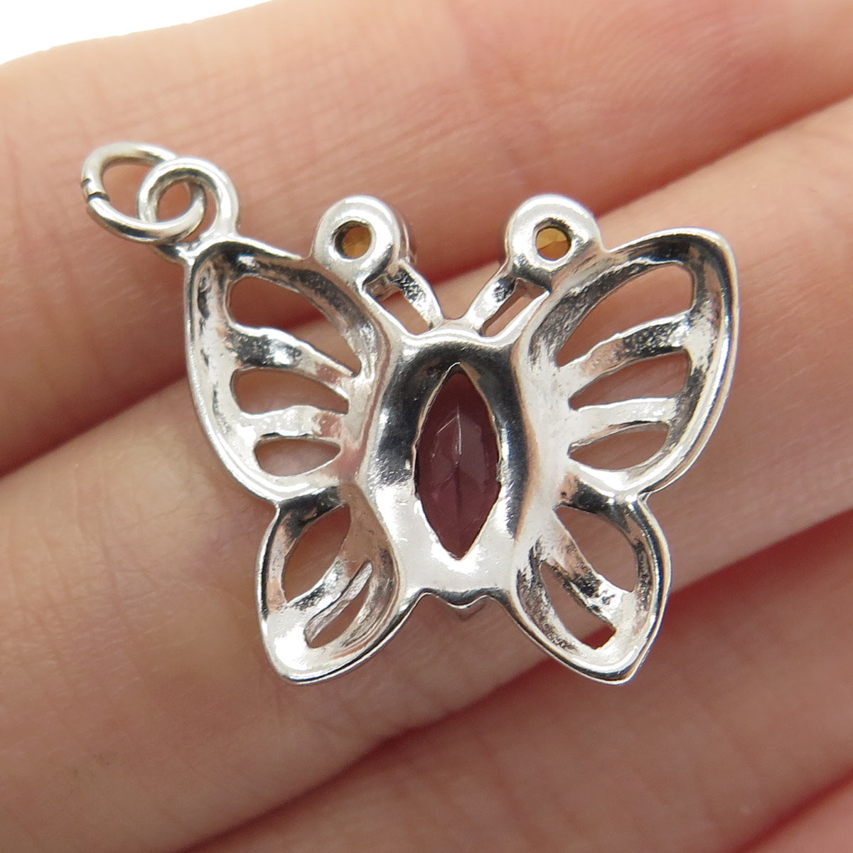 925 Sterling Silver 2-Tone Real Amethyst & Citrine Gemstone Butterfly Pendant