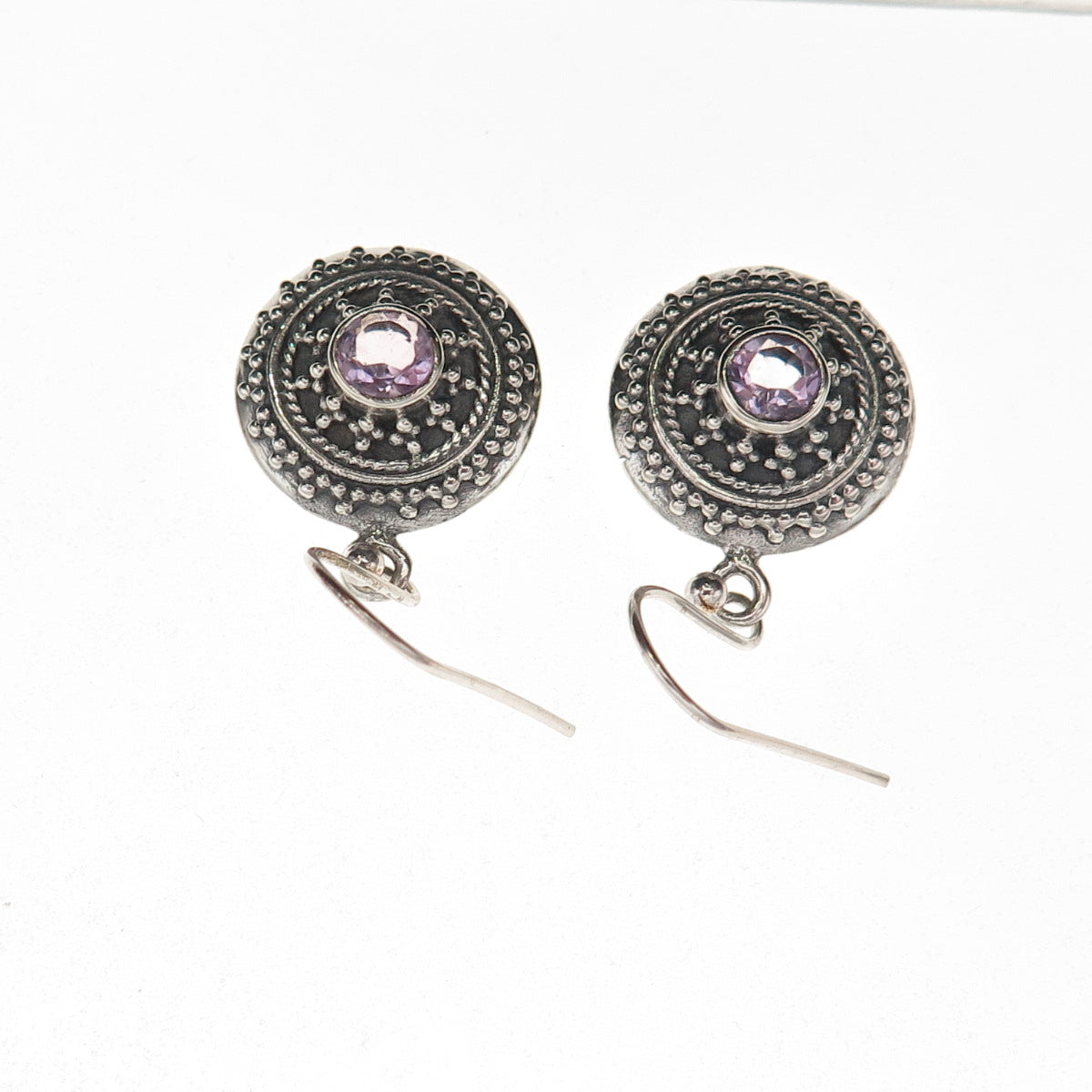 925 Sterling Silver Vintage Real Amethyst Oxidized Dangle Earrings