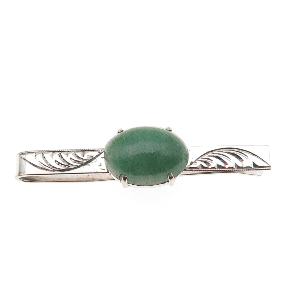 925 Sterling Silver Antique Art Deco Real Aventurine Engraved Tie Clip