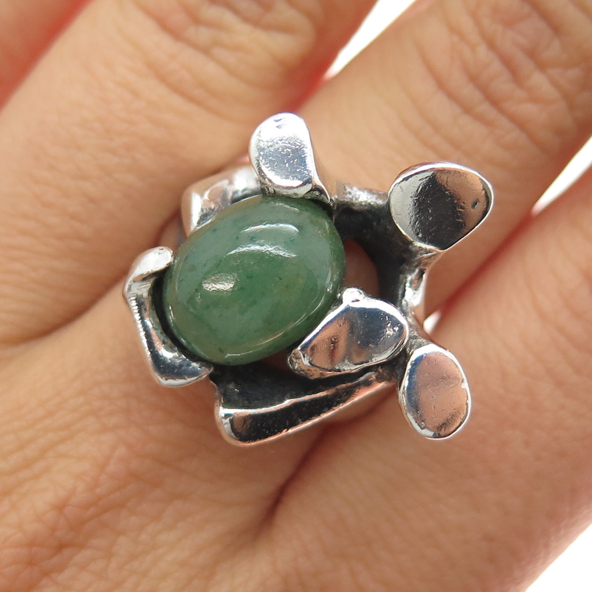 950 Silver Vintage Mexico Real Jade Modernist Oxidized Ring Size 8.25