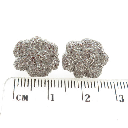 925 Sterling Silver Pave C Z Floral Stud Earrings