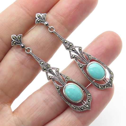 925 Sterling Silver Vintage Real Turquoise & Marcasite Dangle Earrings