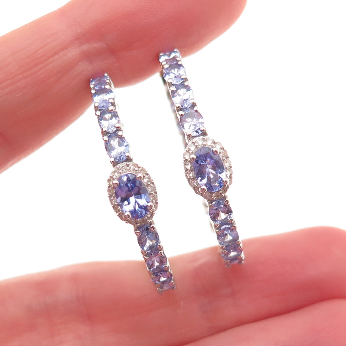 D'Joy 925 Sterling Silver Real Tanzanite White Topaz In & Out Hoop Earrings