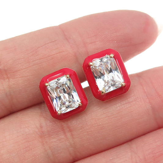 925 Sterling Silver Gold Plated Radiant-Cut Shaped C Z Red Enamel Stud Earrings