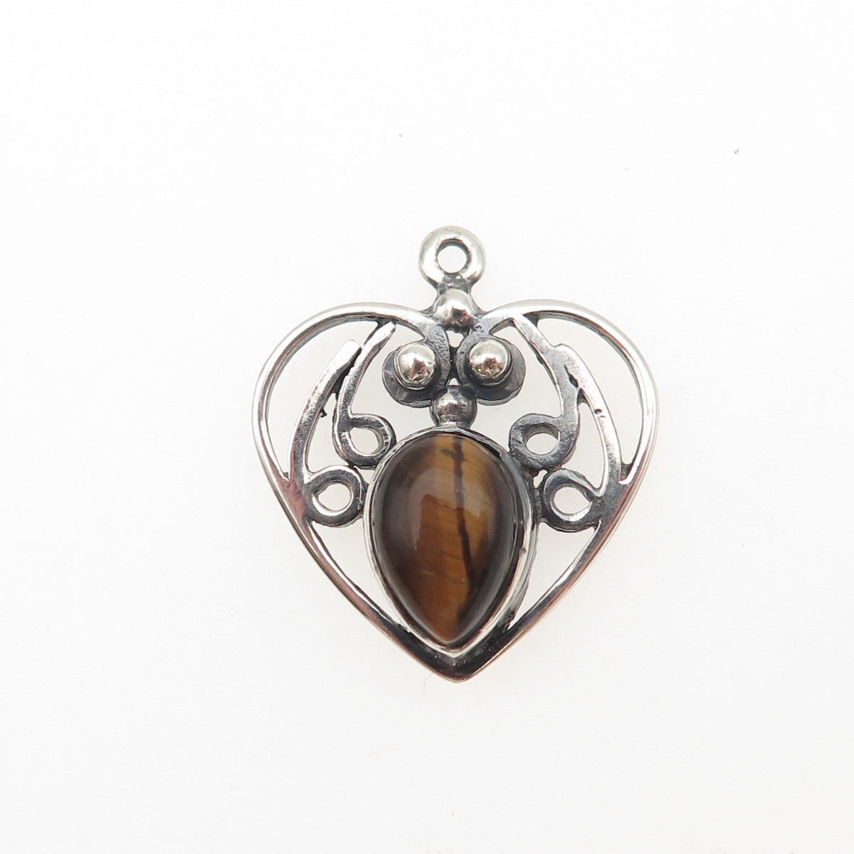 925 Sterling Silver Vintage Real Tiger Eye Heart Oxidized Charm Pendant