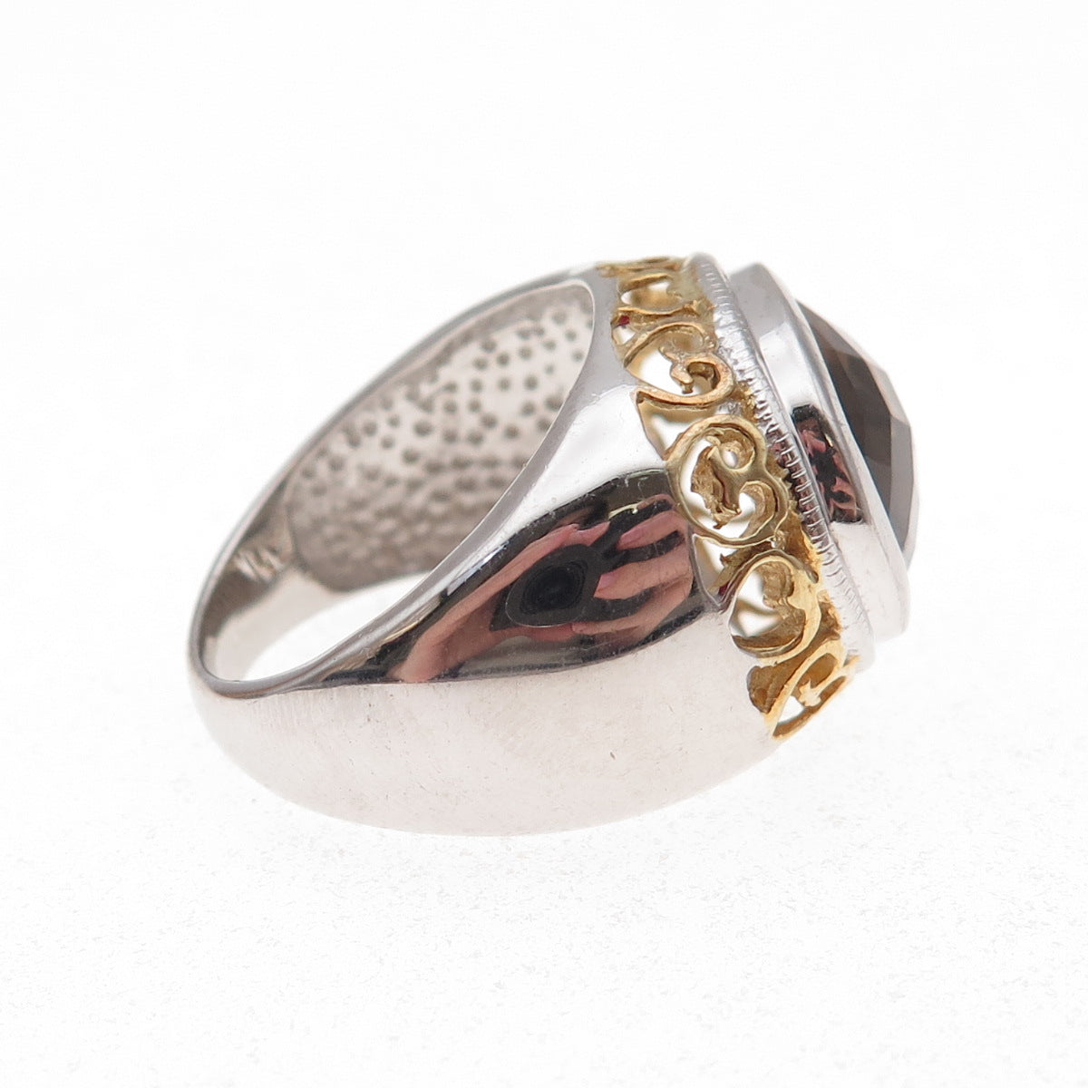 925 Sterling Silver 2-Tone Real Smoky Quartz Heart Ornate Ring Size 8.25