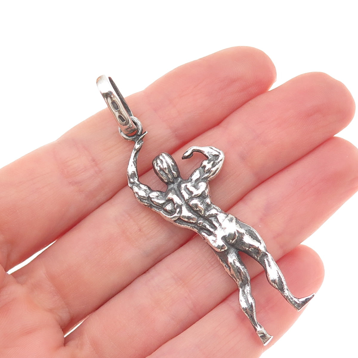 925 Sterling Silver Vintage European Bodybuilder Oxidized 3D Charm Pendant