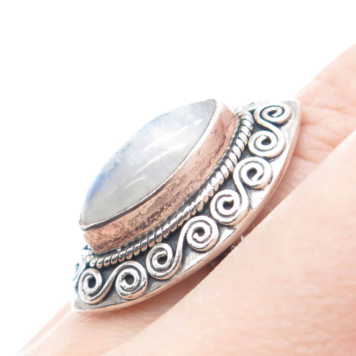 DOUG PAULUS 925 Sterling Silver Vintage Real Moonstone Spiral Ring Size 7.25