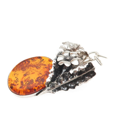 925 Sterling Silver Vintage Real Amber Modernist Floral Oxidized Slide Pendant