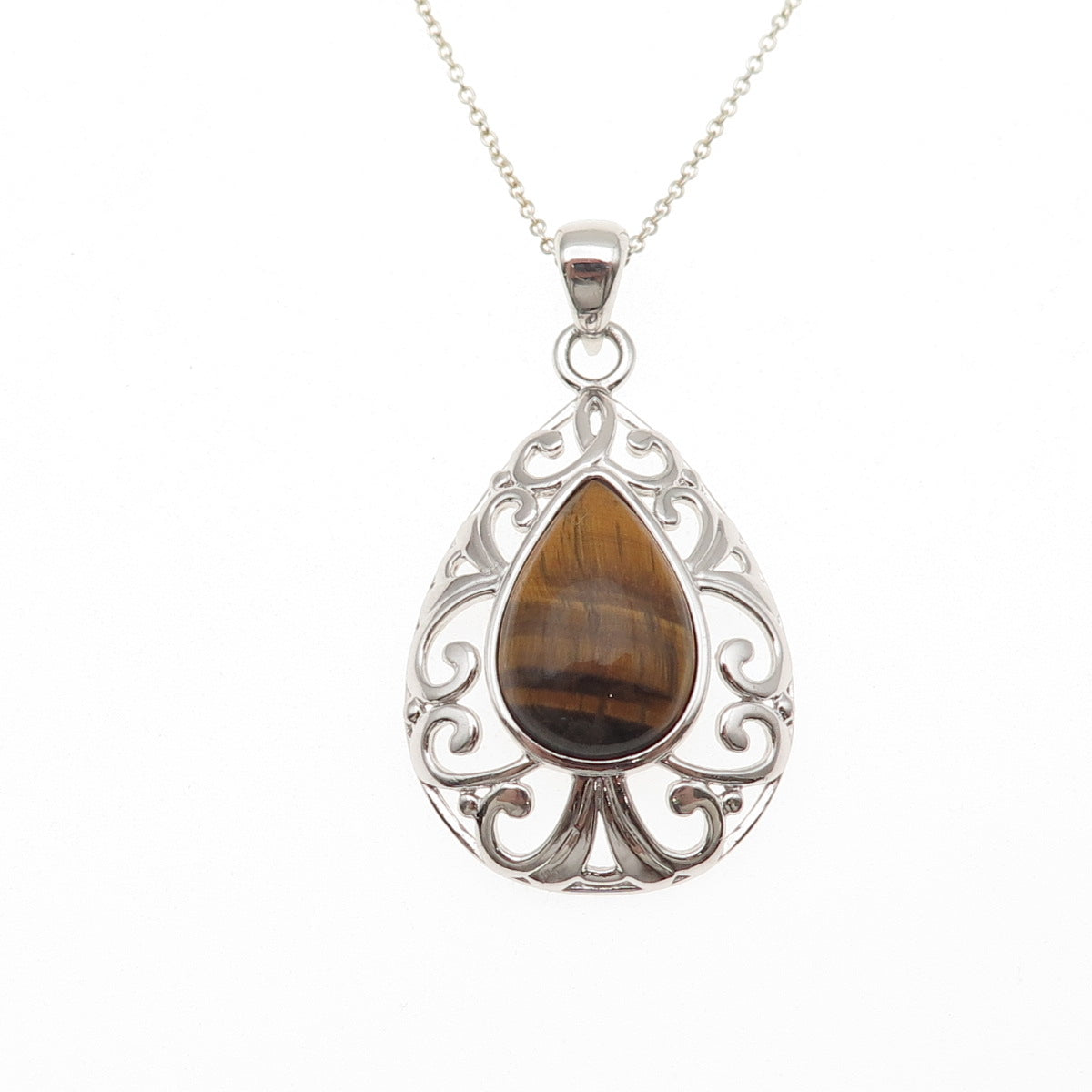 HN Heng Ngai 925 Sterling Silver Vintage Real Tiger Eye Cable Chain Necklace 18"