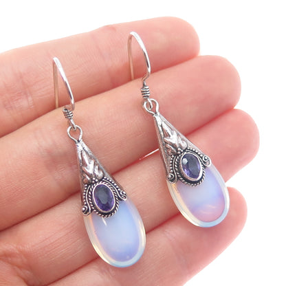925 Sterling Silver Vintage Real Amethyst & Opalite Modernist Dangle Earrings