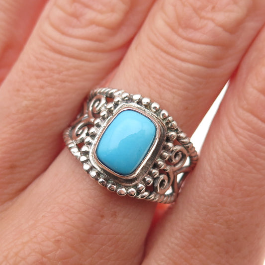 925 Sterling Silver Vintage Real Turquoise Ornate Oxidized Ring Size 8.25