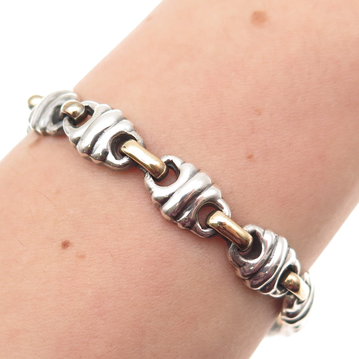 925 Sterling Silver 2-Tone Vintage Modernist Anchor Link Oxidized Bracelet 8.25"