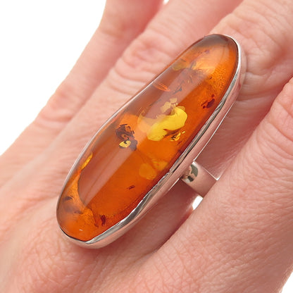 925 Sterling Silver Vintage Real Amber Modernist Statement Ring Size 7.25