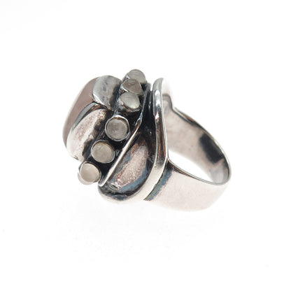 925 Sterling Silver Vintage Real Rose Quartz Modernist Oxidized Ring Size 5.75