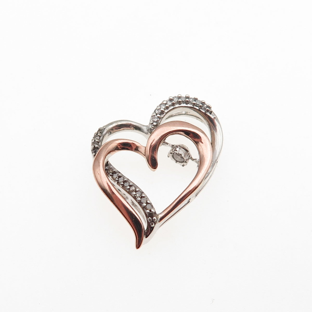 925 Sterling 10K Rose Gold Real Diamond Double Heart Mini Slide Charm Pendant