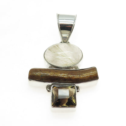 925 Sterling Silver Vintage Real Rutilated & Smoky Quartz Wood Amulet Pendant