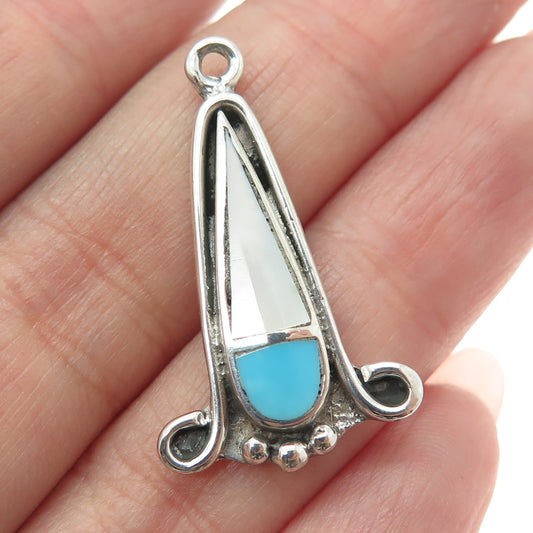 Old Pawn 925 Sterling Silver Southwestern Turquoise & MOP Squash Blossom Pendant