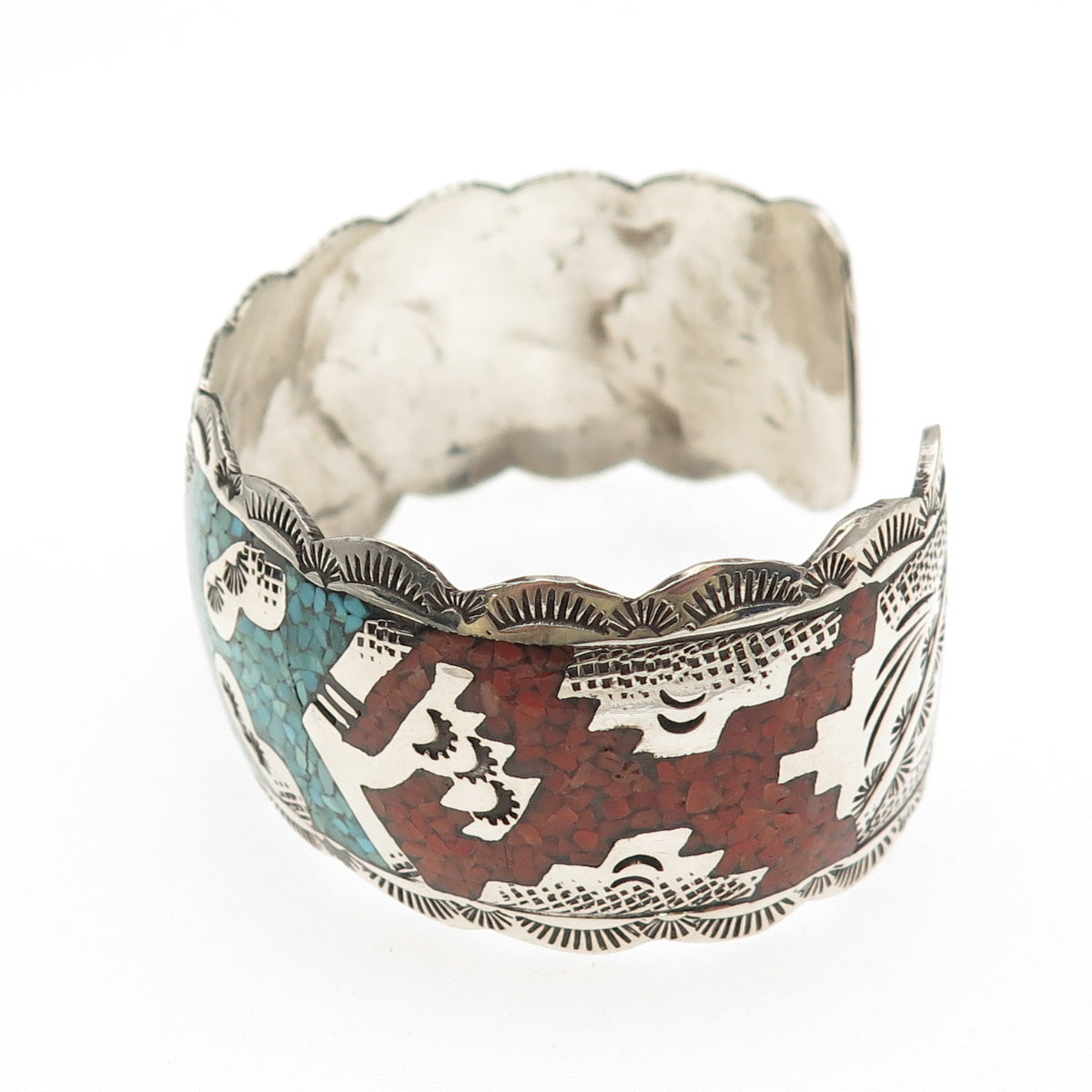 Indian Hand Made Jewelry Old Pawn Sterling Turquoise Coral Inlay Bracelet 6.25"