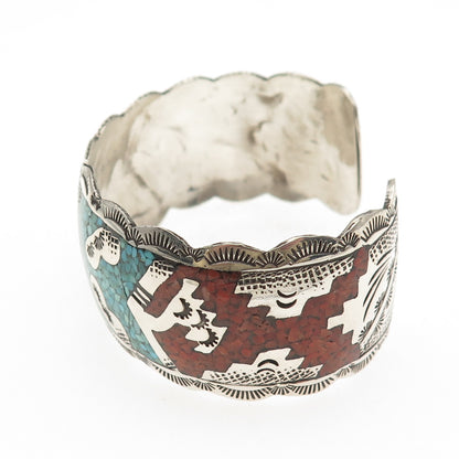 Indian Hand Made Jewelry Old Pawn Sterling Turquoise Coral Inlay Bracelet 6.25"