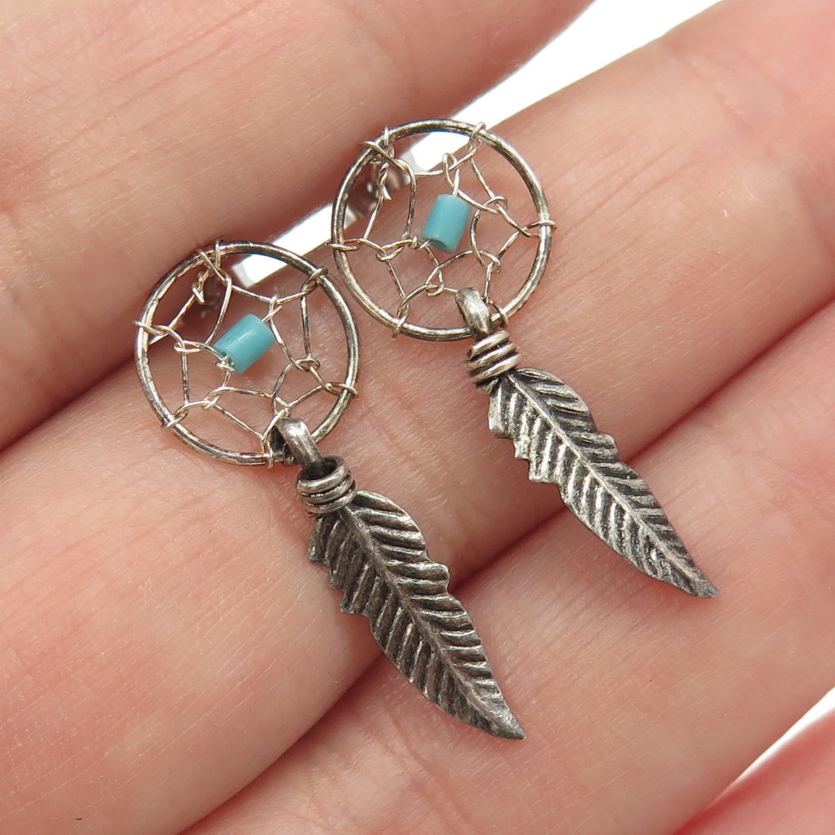 925 Sterling Silver Vintage Southwestern Real Turquoise Dreamcatcher Earrings