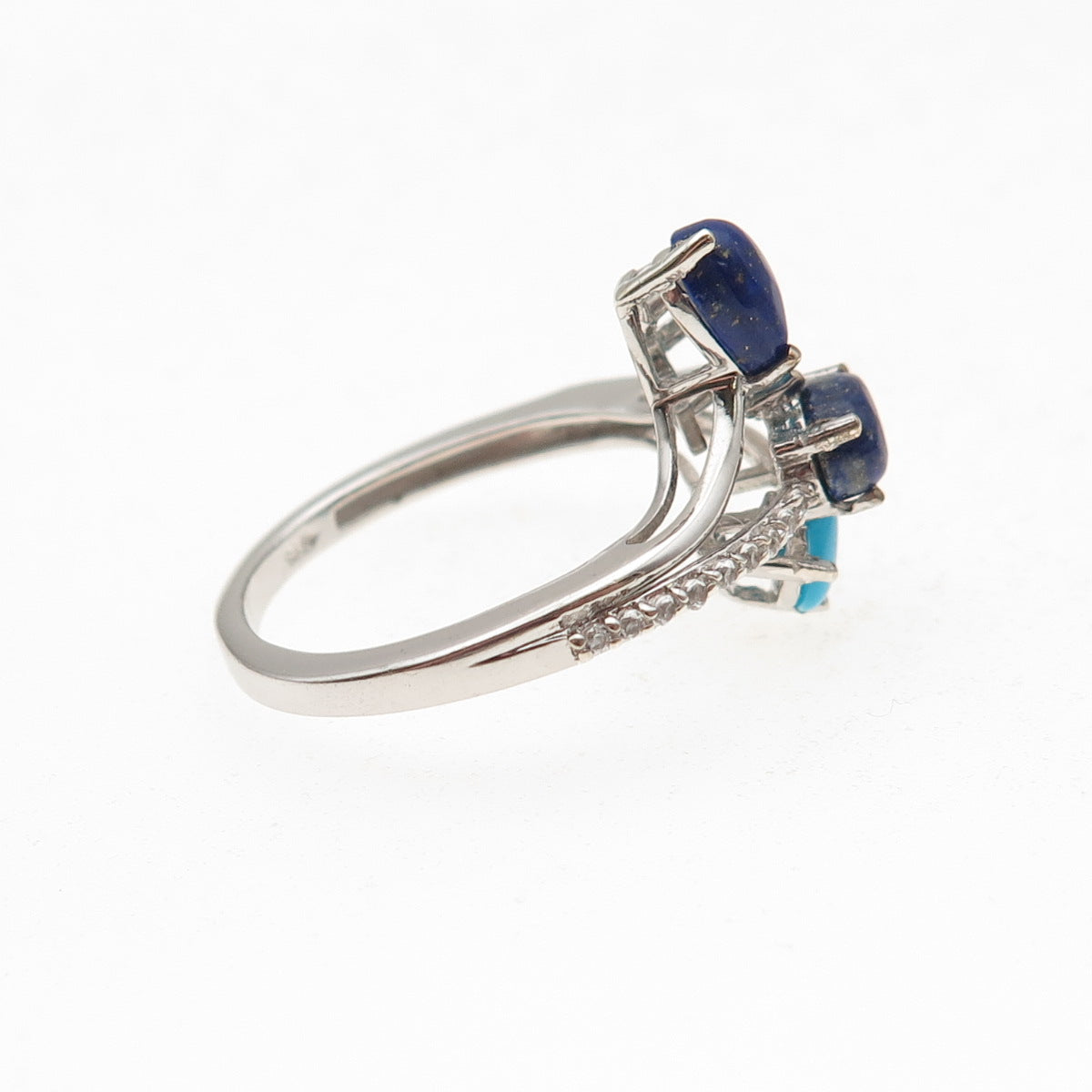 Chuck Clemency 925 Sterling Silver Real Turquoise Lapis & C Z Bypass Ring Size 8