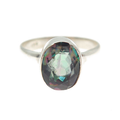 925 Sterling Silver Vintage Real Oval-Cut Mystic Quartz Modernist Ring Size 8.25