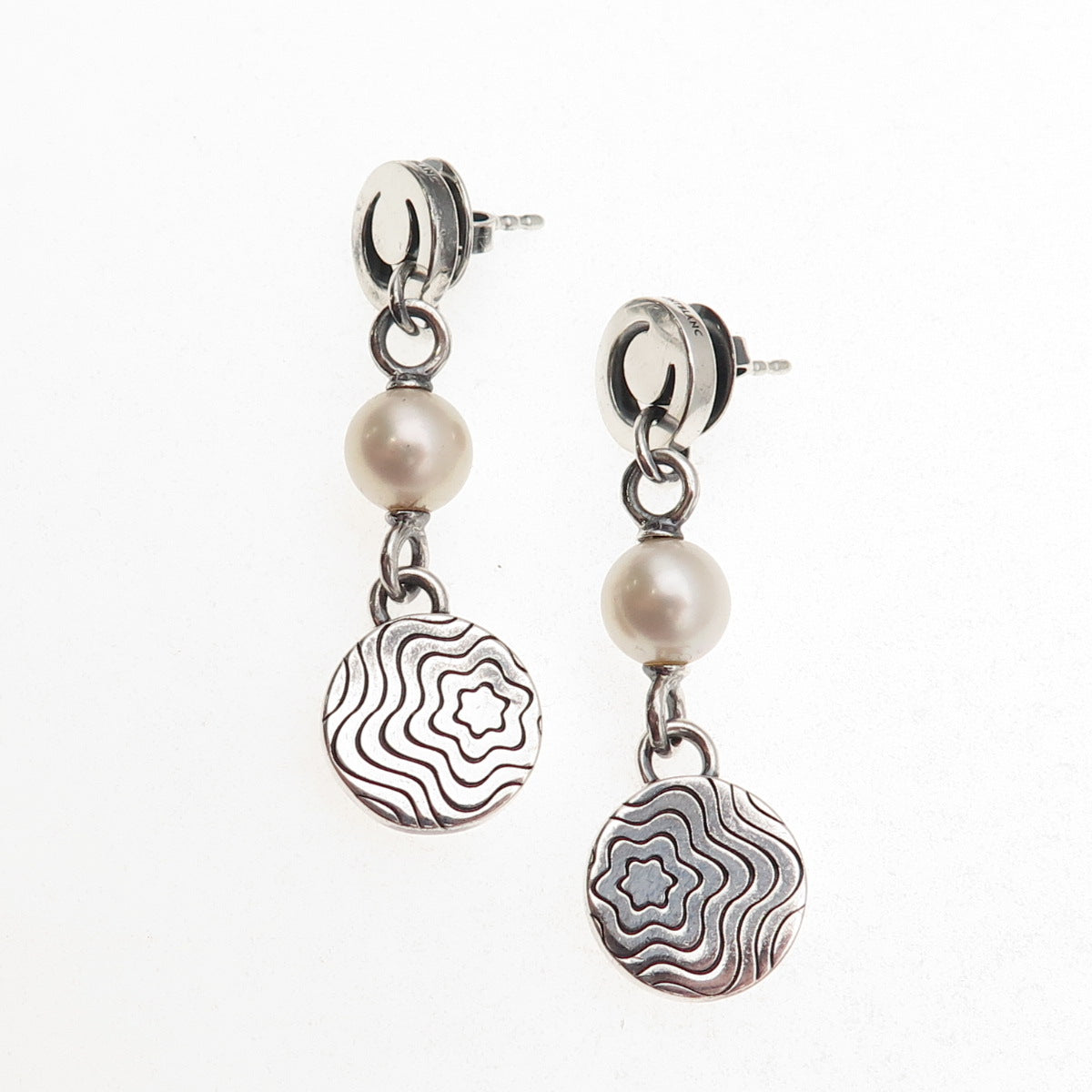 Montblanc 925 Sterling Silver Vintage Real Pearl Star Collection Dangle Earrings