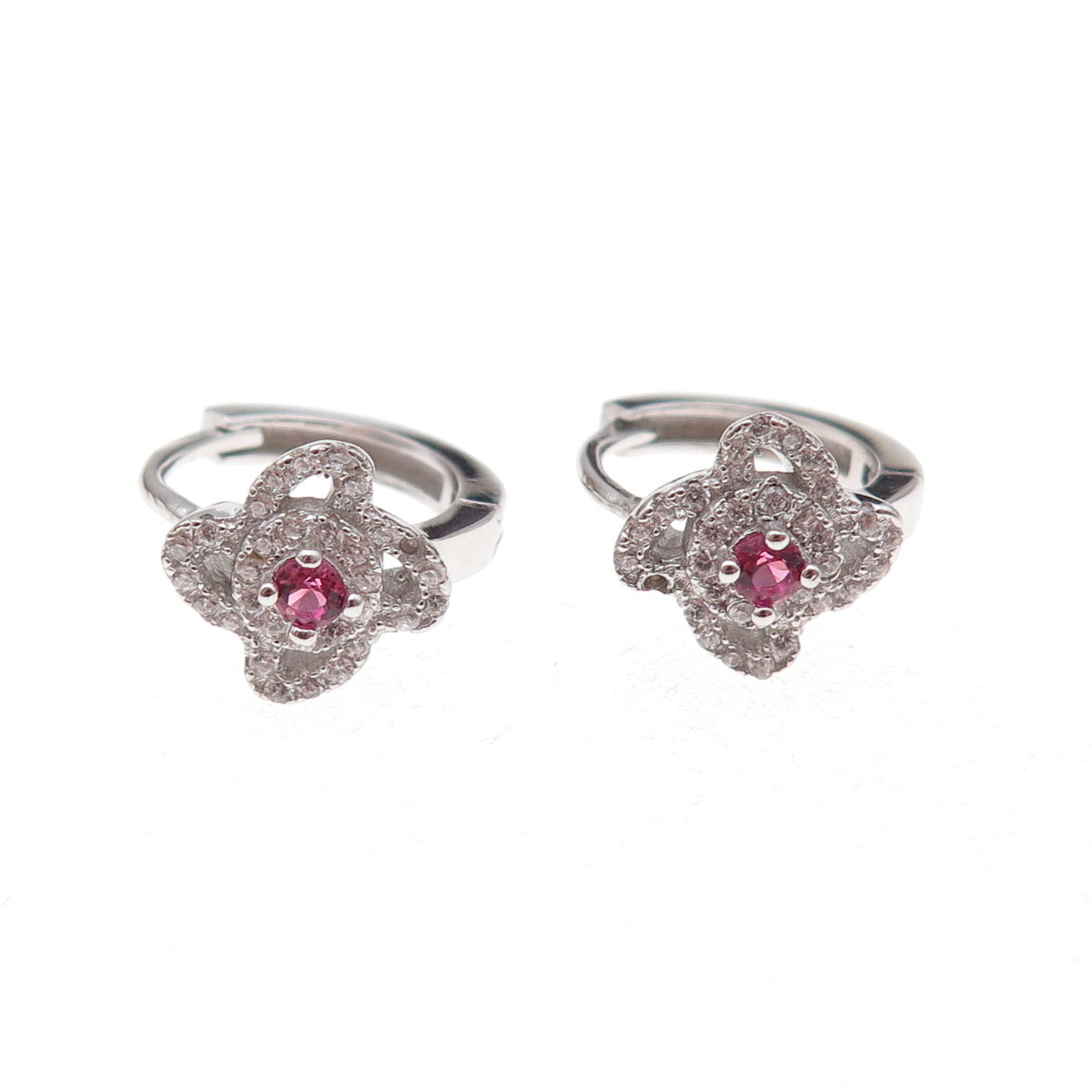 925 Sterling Silver Pink & White C Z Floral Hoop Earrings