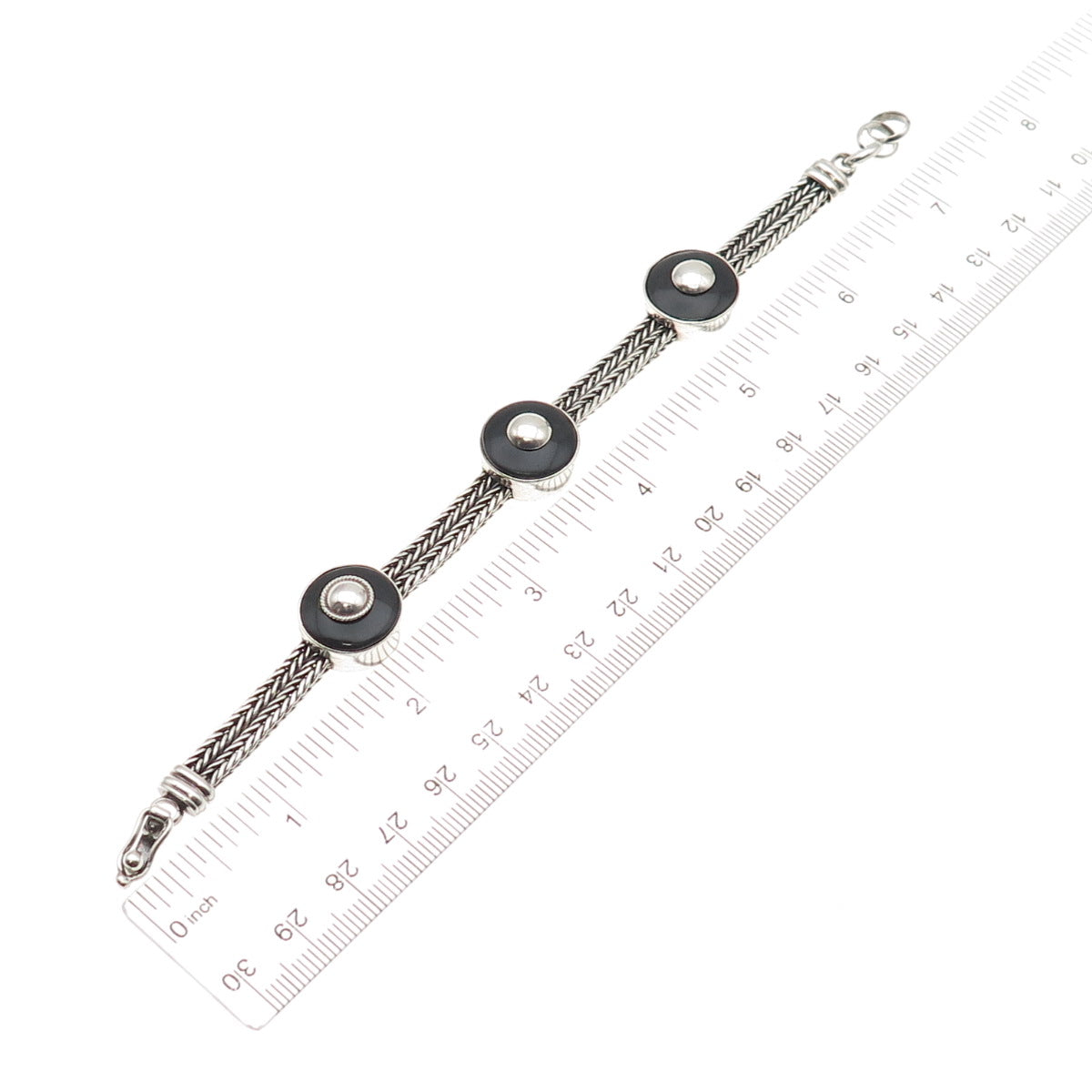 925 Sterling Silver Vintage Real Black Onyx Spiga Link Station Bracelet 6.75"