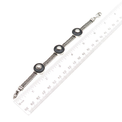 925 Sterling Silver Vintage Real Black Onyx Spiga Link Station Bracelet 6.75"