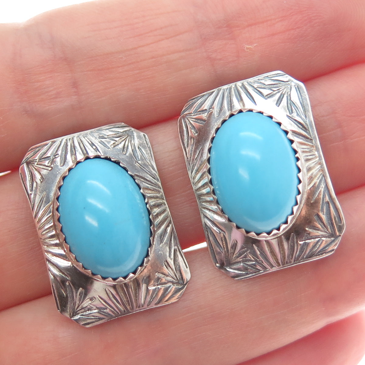 Old Pawn 925 Sterling Silver Vintage Southwestern Turquoise Clip On Earrings