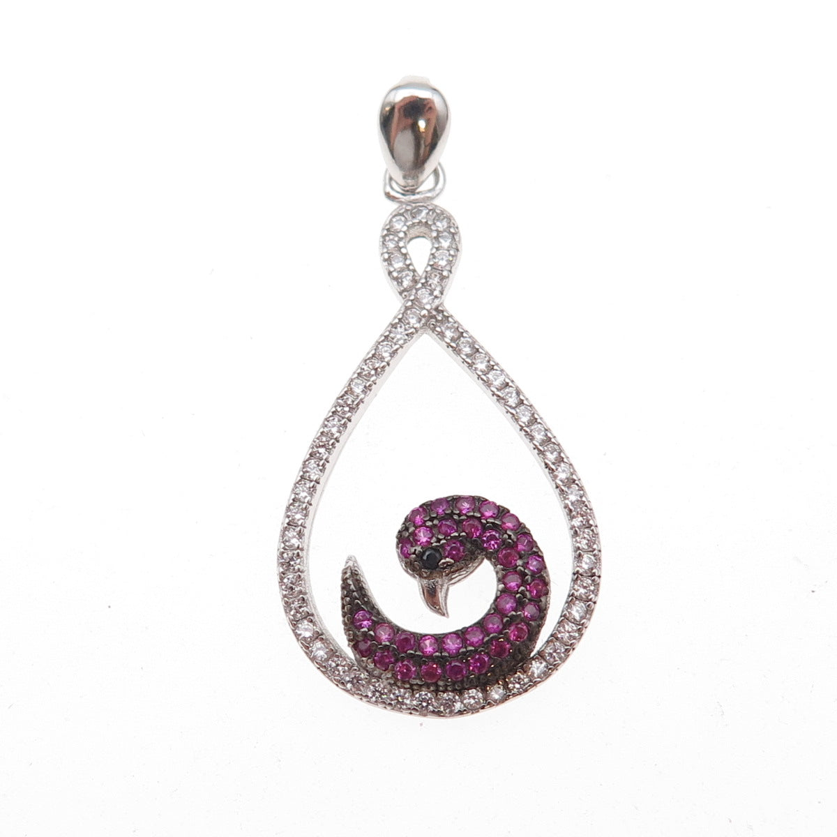 925 Sterling Silver Lab-Created Ruby Black & White C Z Swan Charm Pendant