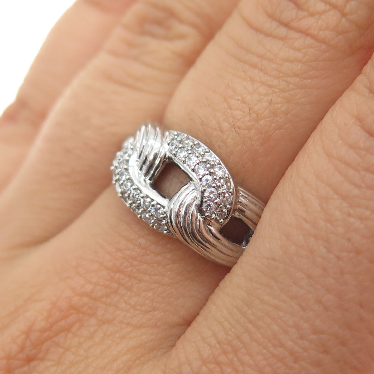 SAI 925 Sterling Silver Round-Cut C Z Chain Link Ring Size 7