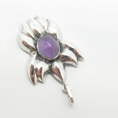 925 Sterling Silver Vintage Real Amethyst Gem Floral Pendant