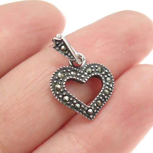 925 Sterling Silver Vintage Real Marcasite Gemstone Open Heart Pendant