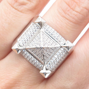 925 Sterling Silver Round-Cut Shaped C Z Square Domed Wide Ring Size 10.5