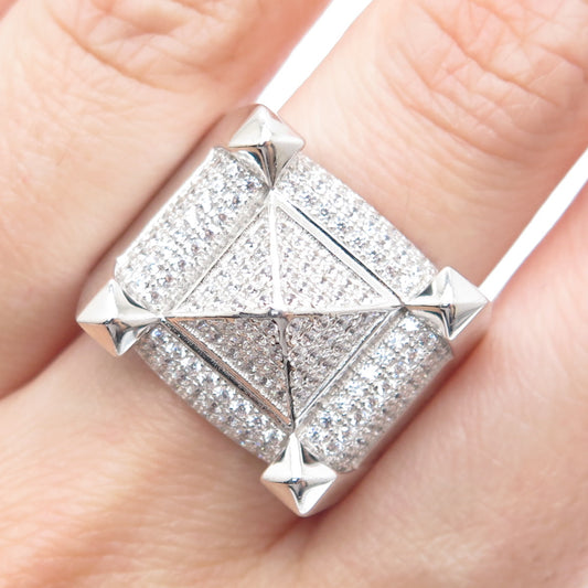 925 Sterling Silver Round-Cut Shaped C Z Square Domed Wide Ring Size 10.5