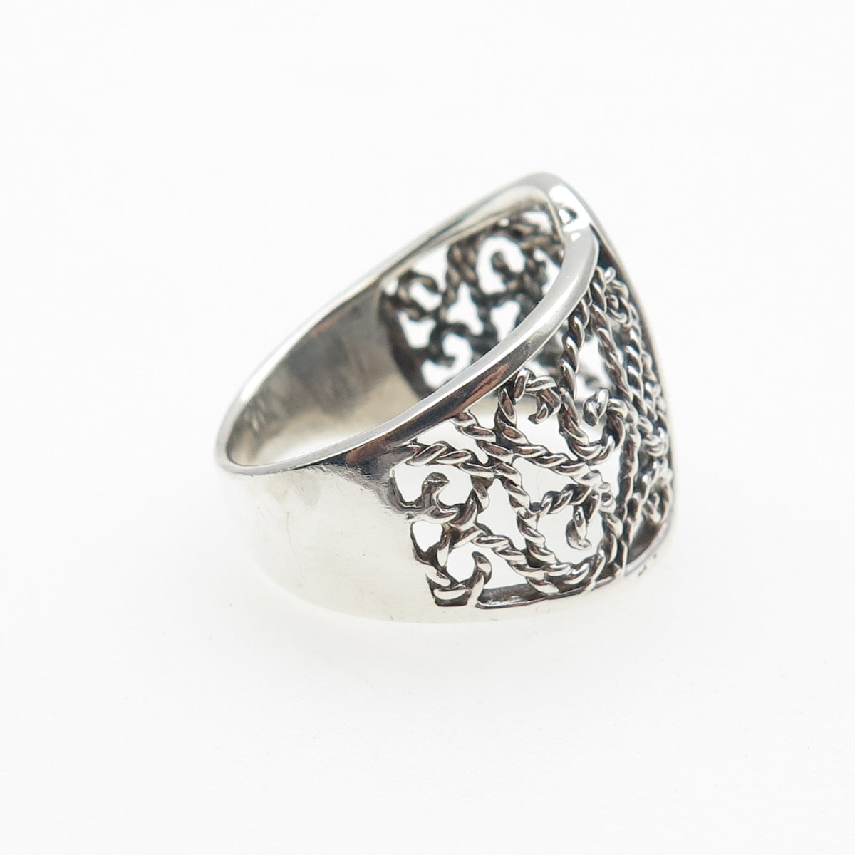 925 Sterling Silver Vintage Modernist Filigree Oxidized Ring Size 8