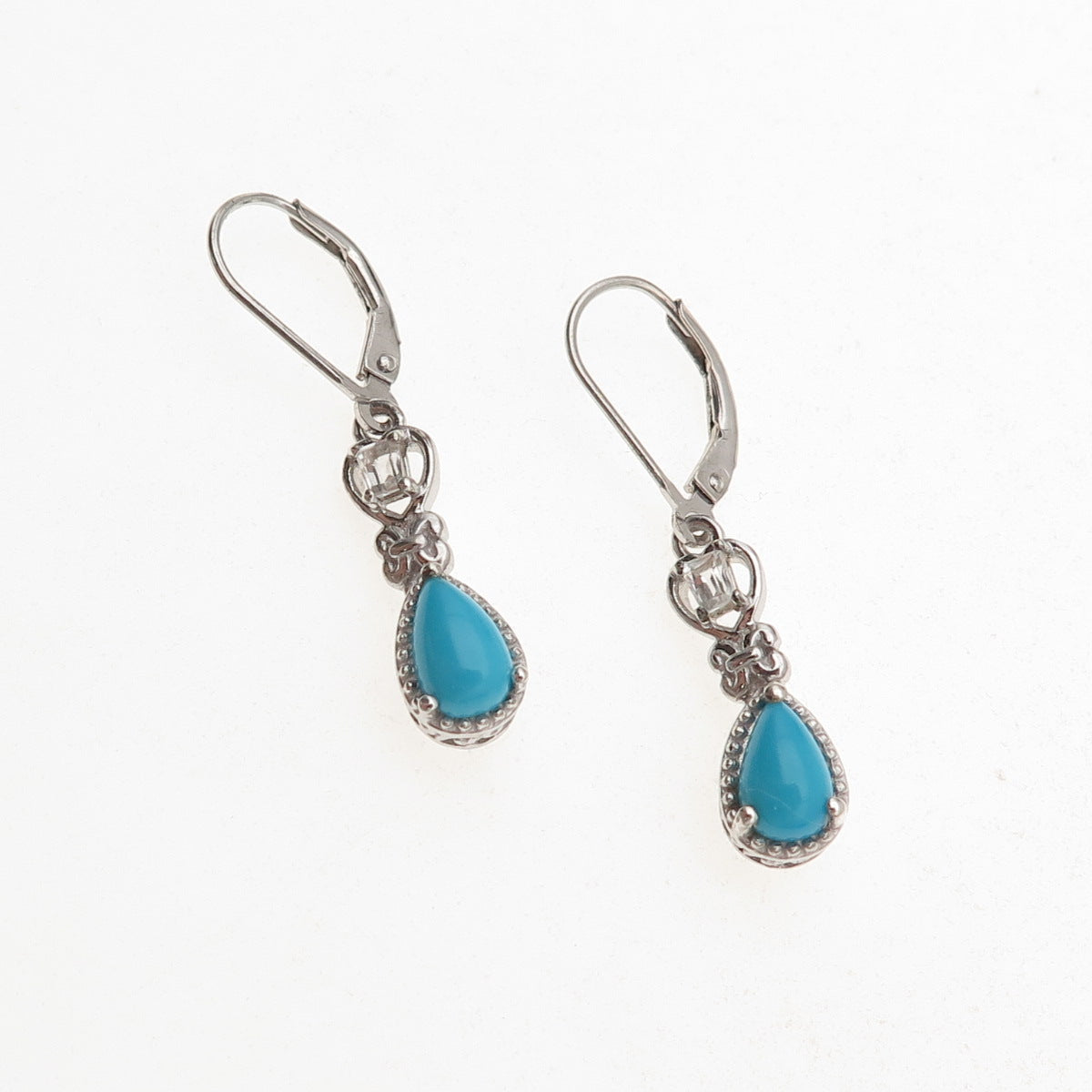 Chuck Clemency 925 Sterling Silver Real Turquoise & White Topaz Dangle Earrings