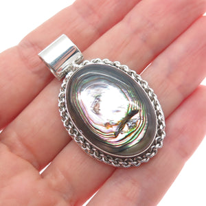 925 Sterling Silver Vintage Mexico Real Abalone Shell Oxidized Charm Pendant