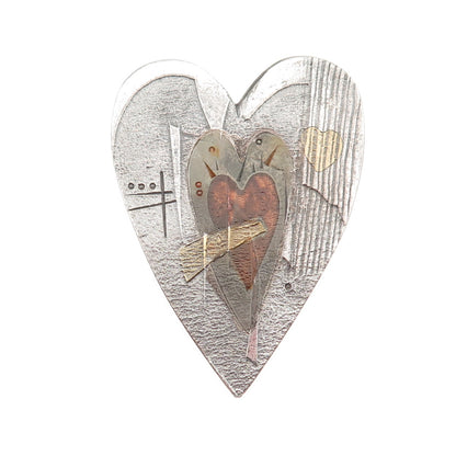 Mary Rogers 999 Fine Silver 22K Gold & Copper Vintage Amulet Heart Pin Brooch