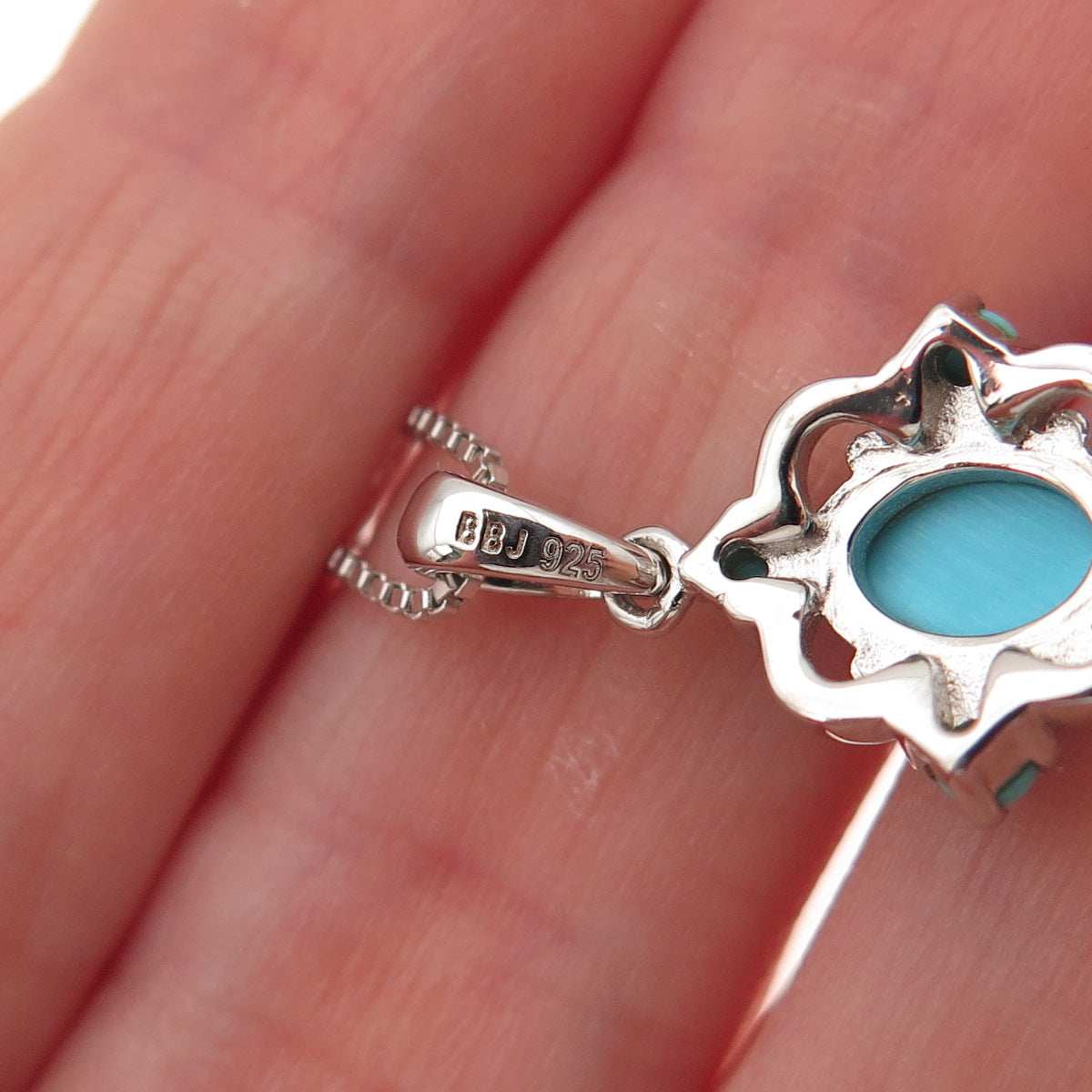 925 Sterling Silver Real Tyrone Turquoise Floral Box Chain Necklace 18-20"